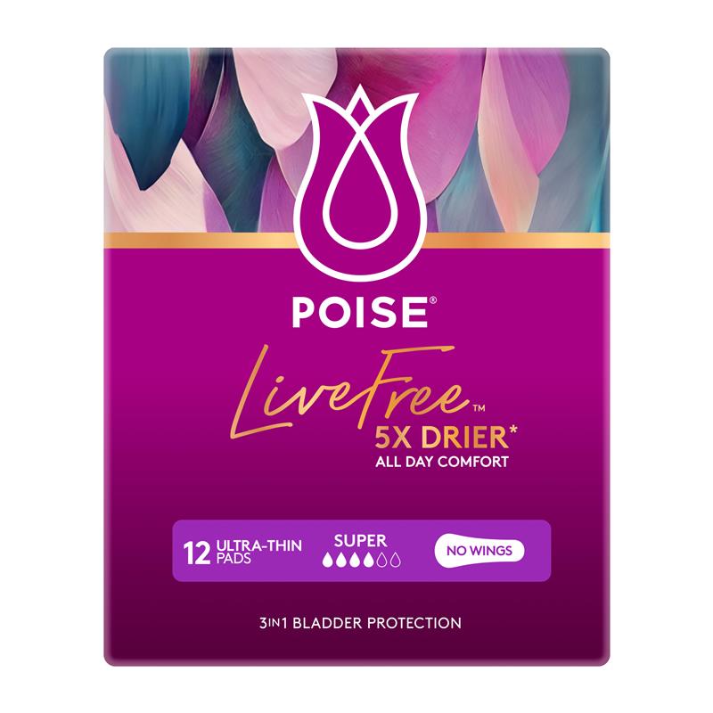 Poise LiveFree Pad Super No Wings 12 Pack